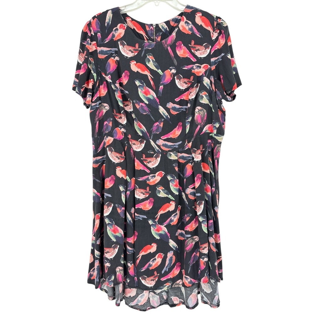 Bird Print Fit Flare Dress Women Size 16 Black Multicolor Short Sleeve High Low